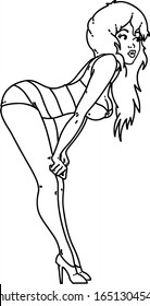 tattoo in black line style of a pinup girl in swimming costume