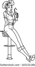 tattoo in black line style of a pinup girl drinking a milkshake