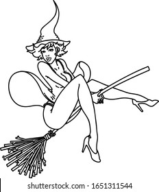 tattoo in black line style of a pinup witch