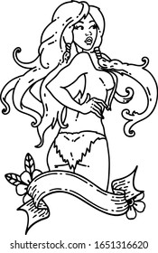 tattoo in black line style of a pinup viking girl with banner