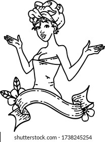 tattoo in black line style of a pinup girl in towel with banner