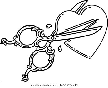 tattoo in black line style scissors cutting heart