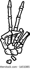 tattoo in black line style of a skeleton giving a peace sign 