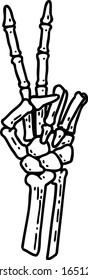 tattoo in black line style of a skeleton giving a peace sign 