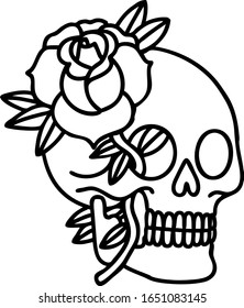 tattoo in black line style of a skull and rose