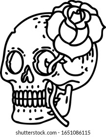 tattoo in black line style of a skull and rose