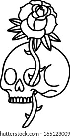 tattoo in black line style of a skull and rose