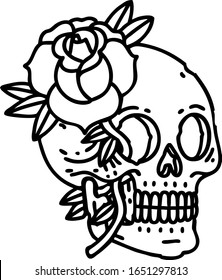 tattoo in black line style of a skull and rose