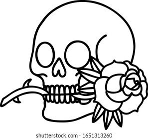 tattoo in black line style of a skull and rose
