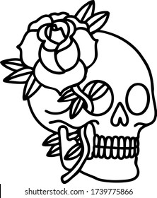 tattoo in black line style of a skull and rose