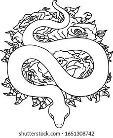 tattoo in black line style of snake and roses