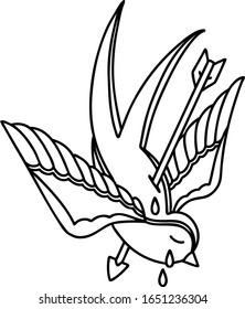 tattoo in black line style of a swallow pierced by arrow