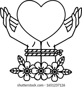 tattoo in black line style of tied hands and a heart
