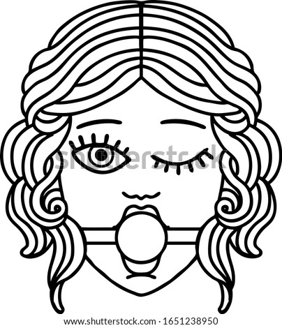 tattoo in black line style of a winking female face wearing ball gag