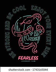 Tattoo black t-shirt design with Neon lights. Typography Graphics. T-shirt Printing Design Original wear. Concept in vintage graphic style for print production. Skull and Snake Black Mixture.