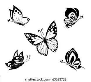 Tattoo black and white butterflies, set