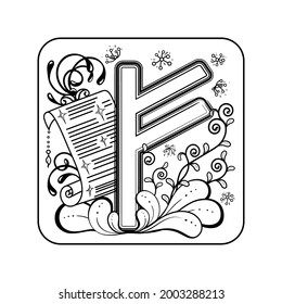 Tattoo of a black and white flower and a vintage Viking emblem with the image of symbols of wealth and prosperity and a floral pattern in the background for printing