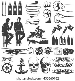 Tattoo black white icons set with flourishes swords dyes tools spirals master anchor skull isolated vector illustration 