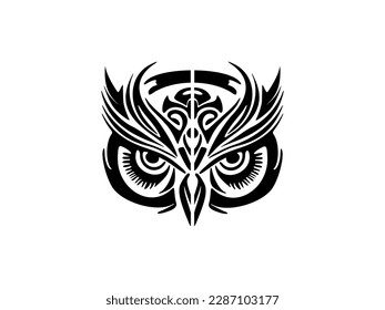 ﻿A tattoo of a black and white owl, decorated with Polynesian designs.