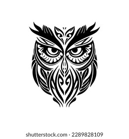 ﻿Owl tattoo in black  white with Polynesian designs.