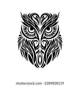 ﻿Owl tattoo with black, white, and Polynesian designs.
