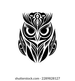 ﻿Owl tattoo in black and white with Polynesian designs.