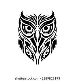 ﻿Owl tattoo with black, white, and Polynesian designs.