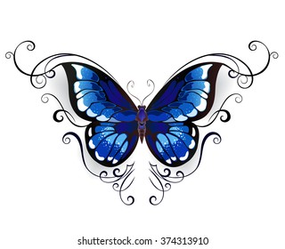 Tattoo blue butterfly decorated with elegant pattern on white background.