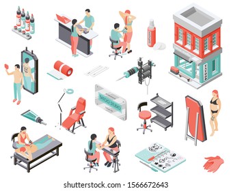 Tattoo body art studio isometric icons with building workstation equipment ink mirror client reception recolor vector illustration  