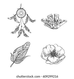 Tattoo. Bohemian style. Vector hand drawn. Isolated on white