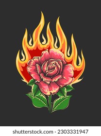 Tatuaje de la flor rosa en llamas aislada en fondo negro. Ilustración vectorial.