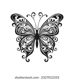 tatuaje línea mariposa arte tribal negro sobre fondo blanco, tatuaje mariposa aislado en blanco