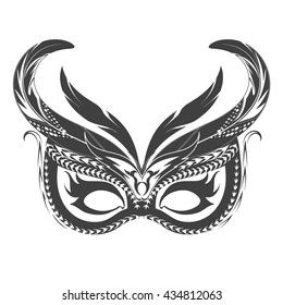 Tattoo carnival mask with feather and lace. Isolated on white.