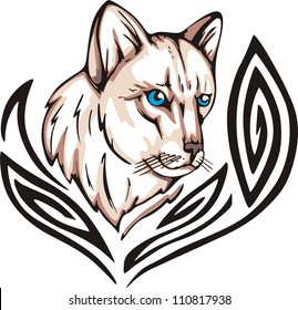 Tattoo with cat head. Color vector illustration.