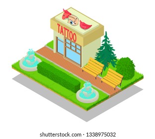 Tattoo centre concept banner. Isometric banner of tattoo centre vector concept for web, giftcard and postcard