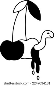 Tattoo cherry with worm in the style of the 90s, 2000s. Black and white single object illustration.