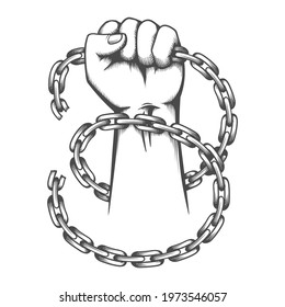 Tattoo of Clenched Fist and Broken Chains drawn in engraving style. Fighting against slavery concept. Vector illustration.