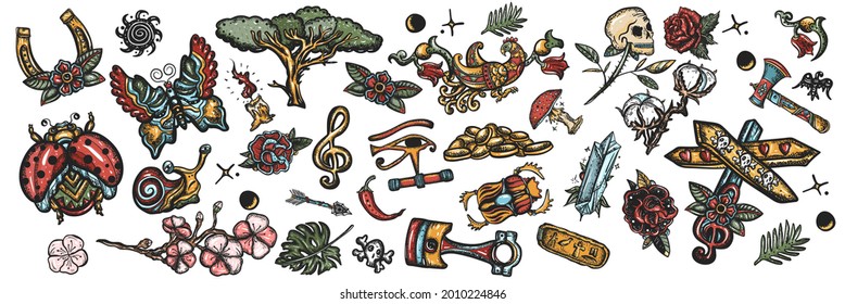 Tattoo collection. Big set for design. Old school colorful elements, tattooing style 