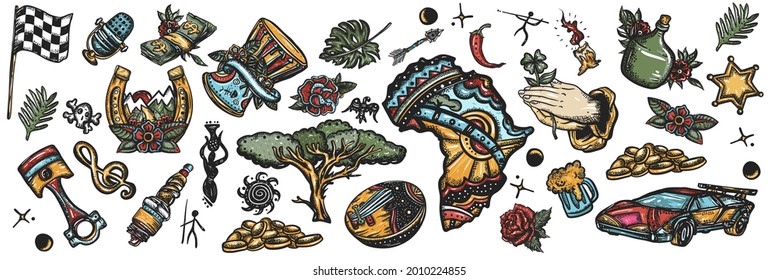 Tattoo collection. Big set for design. Old school elements. Pop culture colorful tattooing style
