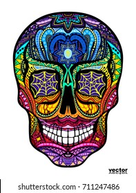 Tattoo colorful skull, black and white vector illustration on white background, Day of the dead symbol. 