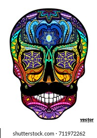 Tattoo colorful skull with a mustache, black and white vector illustration on white background, Day of the dead symbol. 