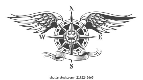 Tattoo of Compass with Wings and Banner. Vector illustration in Engraving Style isolated on White Background