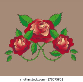 tattoo from the composition three roses with leaves and spiked