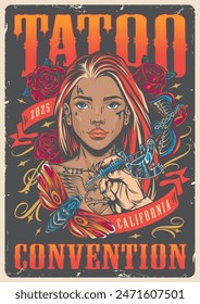 Tattoo convention colorful vintage poster with woman from california inviting to become client of tattoo artist vector illustration