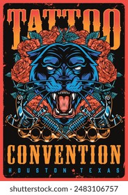 Tattoo convention colorful vintage poster with head of angry panther and roses near equipment for tattooist vector illustration