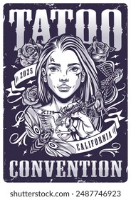 Tattoo convention monochrome vintage flyer with daring woman with tattoo machine and flowers or birds vector illustration