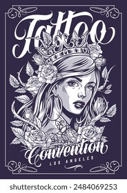 Tattoo convention vintage poster monochrome with princess woman and beautiful roses for promo services of tattooist vector illustration
