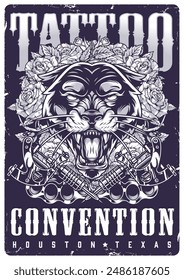 Tattoo convention vintage sticker monochrome with angry panther to advertise services of tattooist from Texas or Houston vector illustration