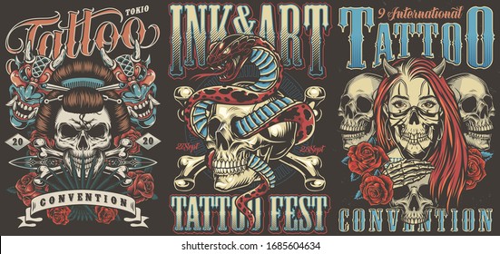 Tattoo conventions colorful vintage posters with geisha skull devil masks dagger snake entwined with skull girl with demon horns and mask vector illustration