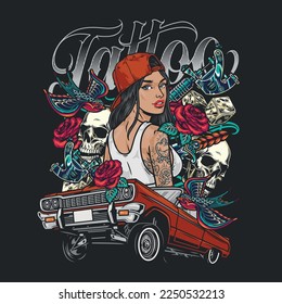 Tattoo cool girl colorful flyer with lowriding machine and skulls near beautiful brunette female model in baseball cap vector illustration svg
